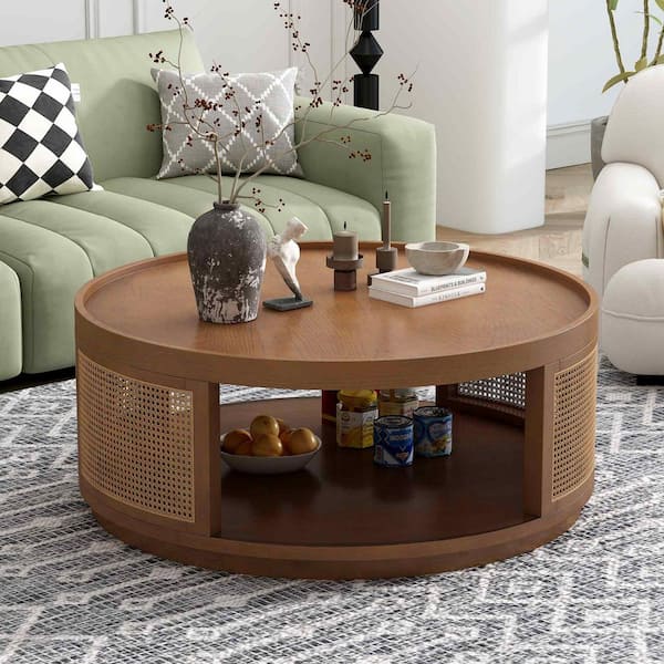 Polibi 37.1 in. Brown Round MDF Coffee Table with