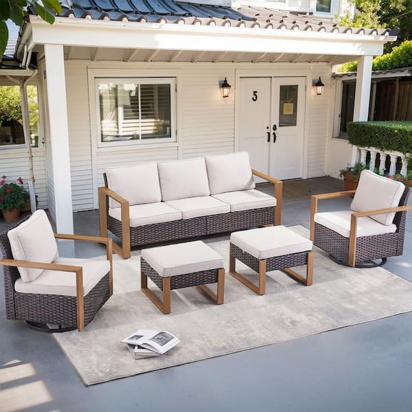 Gymojoy Allcot 5-Piece Brown Wicker Outdoor Sofa set Patio Conversation Set with Cushion Guard Beige Cushions