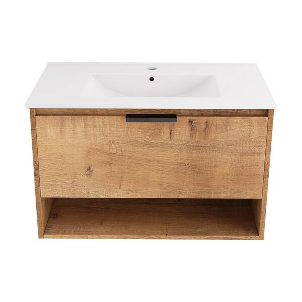 Maincraft Wall-Mounted 32 in. W x 18.31 in D. x 20.25 in. H Bath Vanity in Brown with White Ceramic Top with Basin