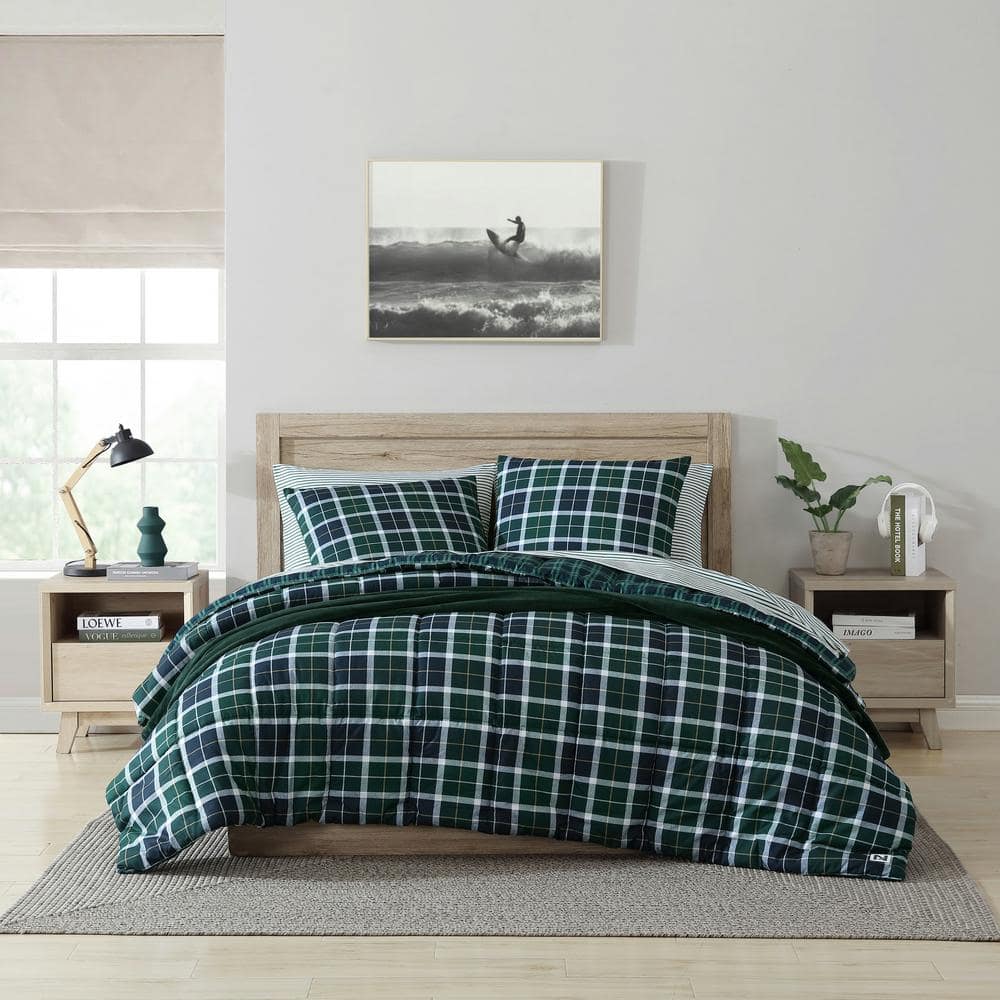Navy and Green Reversible Microfiber Twin Bedspread Set
