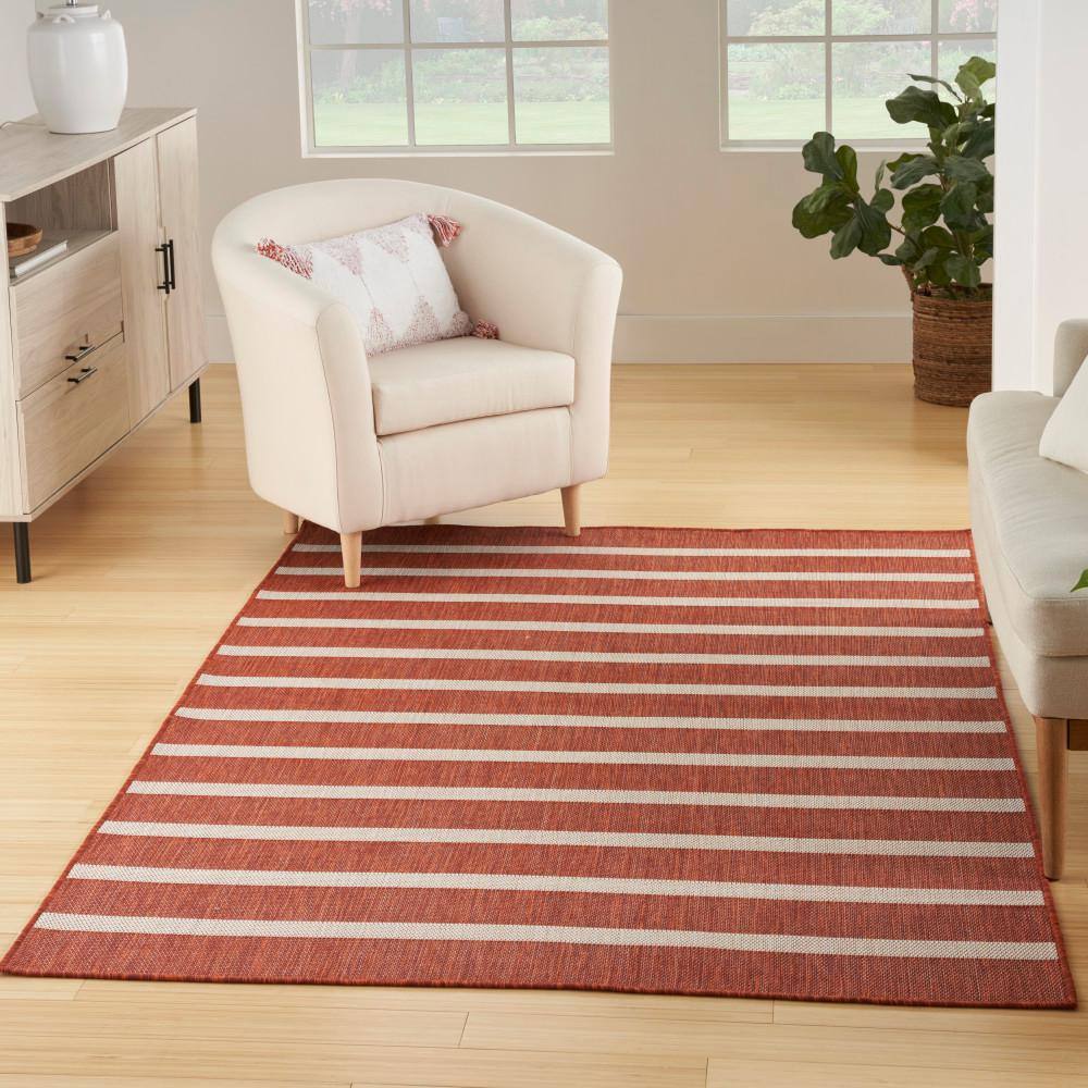 Terracotta Ivory Striped Flat Woven Outdoor Rug 6' x 9'