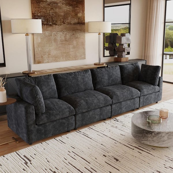 134 in. Square Arm Chenille Fabric 4-Piece Modular Free Combination Sectional Sofa in. Black