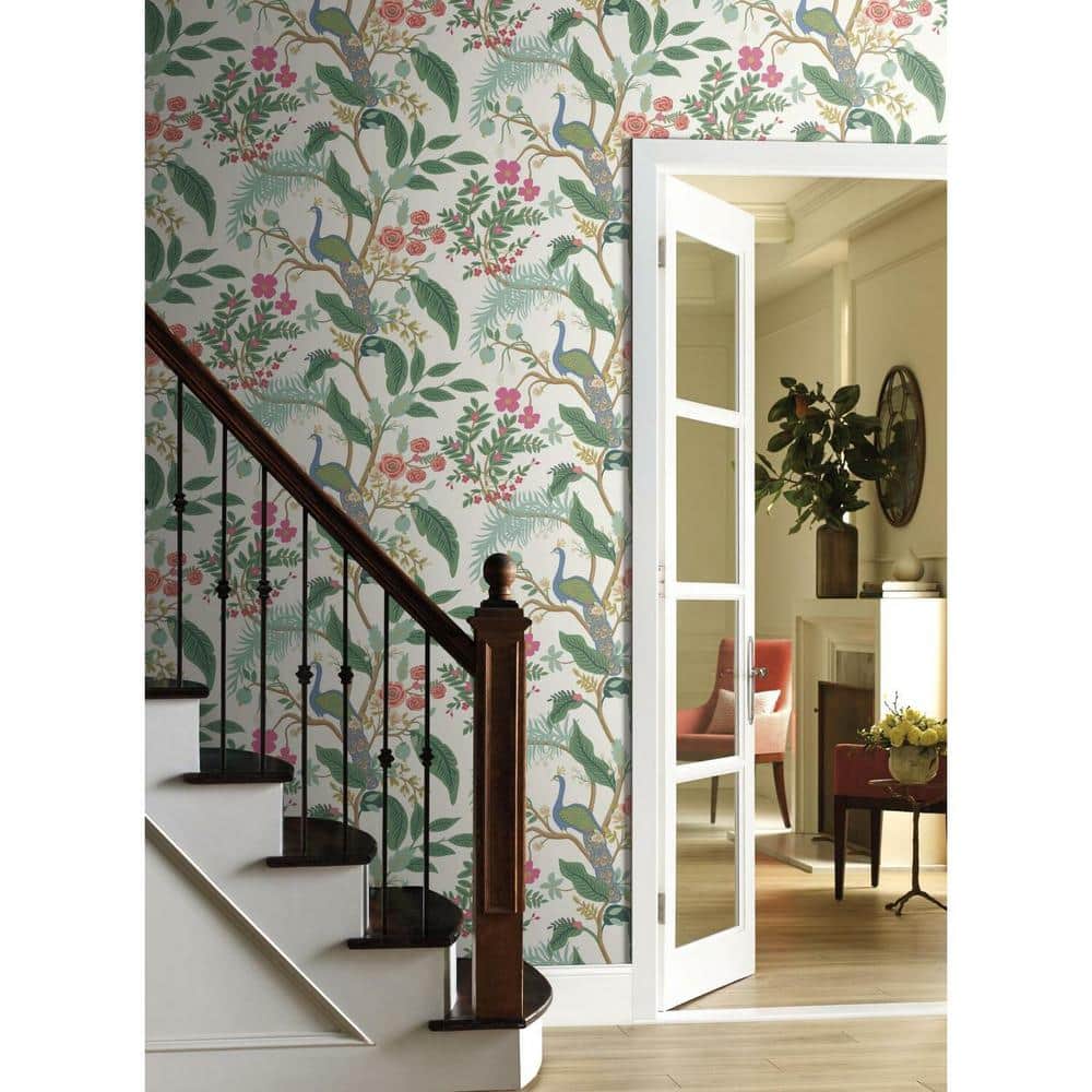 Emerald Peacock & Floral 27' x 27" Chinoiserie Wallpaper Roll