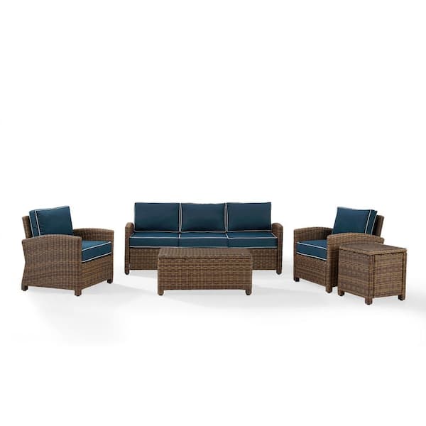CROSLEY FURNITURE Bradenton 5-Piece Wicker Patio Outdoor Sofa Conversation Set with Navy Cushions