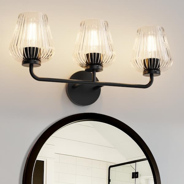 YANSUN 22 in. 3-Light Black Cone Vanity Light with Clear Glass Shades for Bathroom, Living Room, Entryway