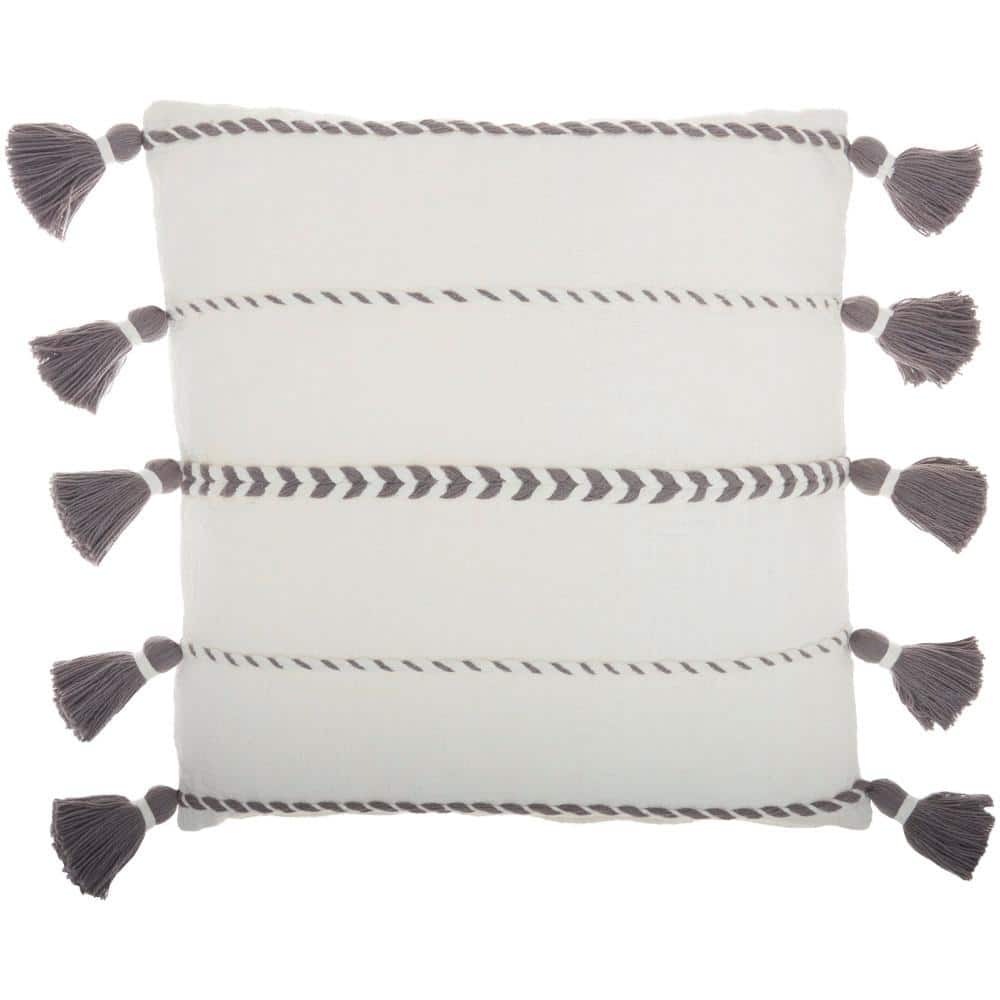 Gray and White Cotton Tassel Striped Square Pillow