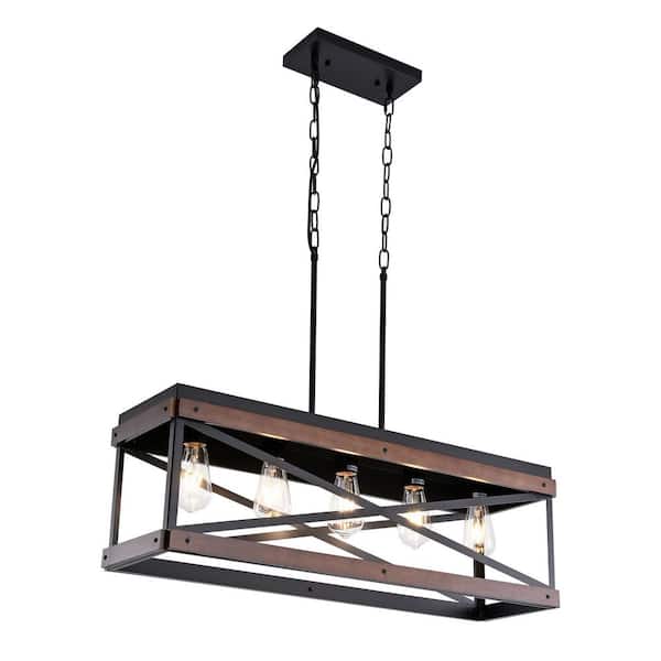 OUKANING 30.7 in. 5-Light Black Industrial Island Pendant Light for Kitchen Island and Dining Room, No Bulbs Included