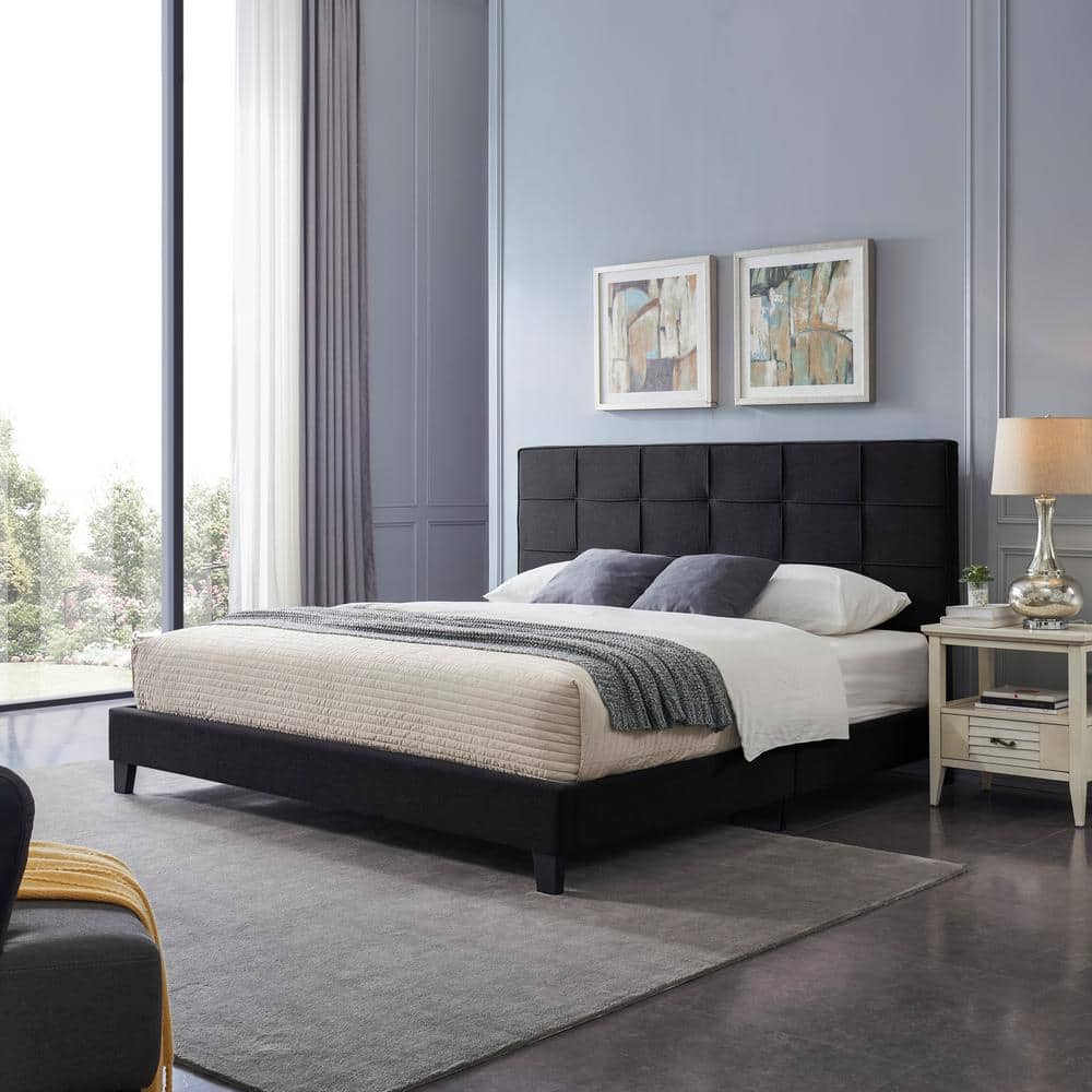 Eveleth Contemporary King Platform Bed with Tufted Black Upholstery