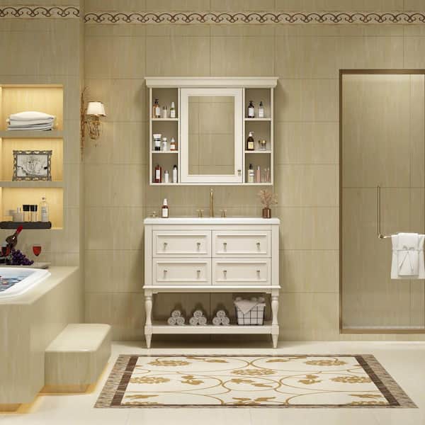 JimsMaison 36 in. W x 18 in. D x 34 in. H Freestanding Bath Vanity in Beige with White Ceramic Top and Mirror Cabinet