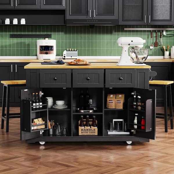 Staykiwi Black MDF Kitchen Cart with 2 Door Cabinet, Spice Rack, Drop Leaf and Towel Rack