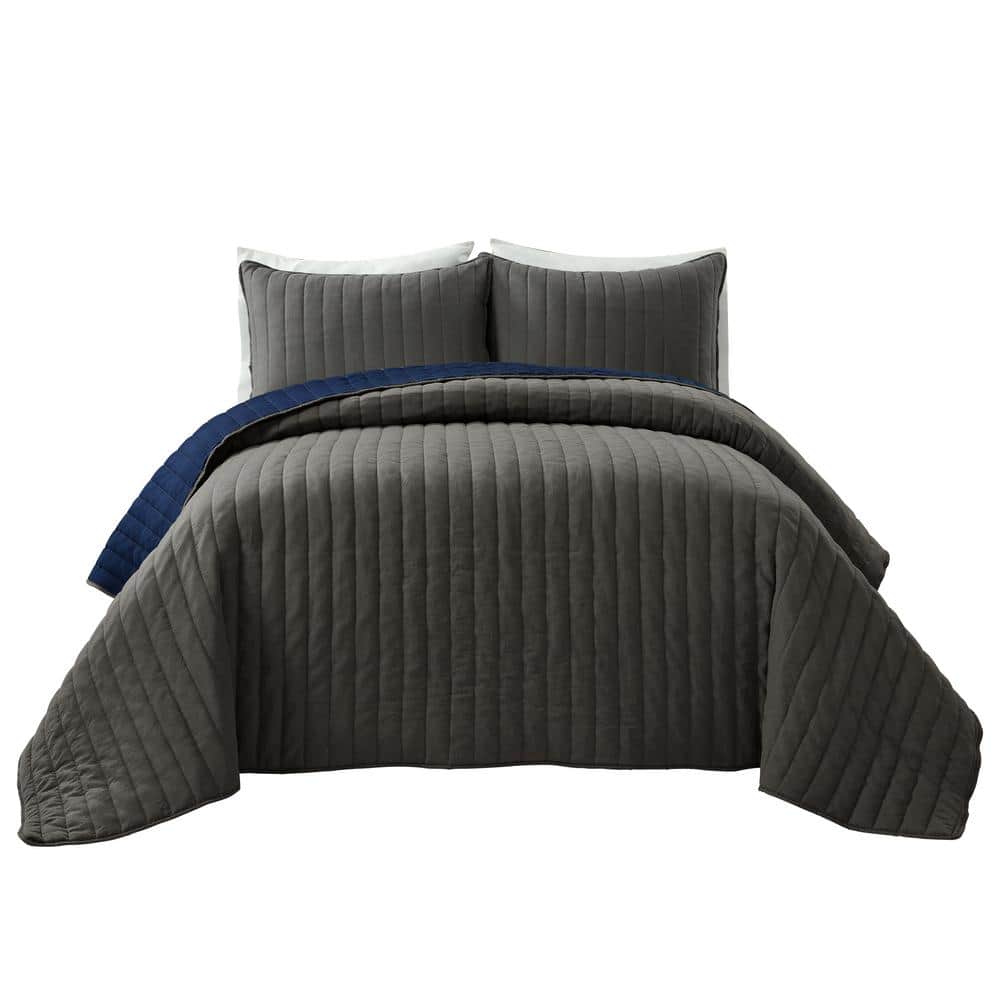 Soft Stripe Gray/Navy All Season Quilt/Coverlet Twin-XL Set (2-Piece)