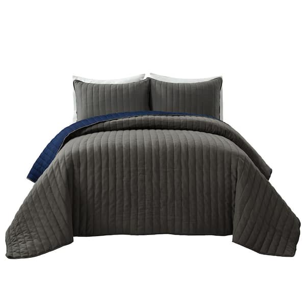Unbranded Soft Stripe Gray/Navy All Season Quilt/Coverlet Twin-XL Set (2-Piece)