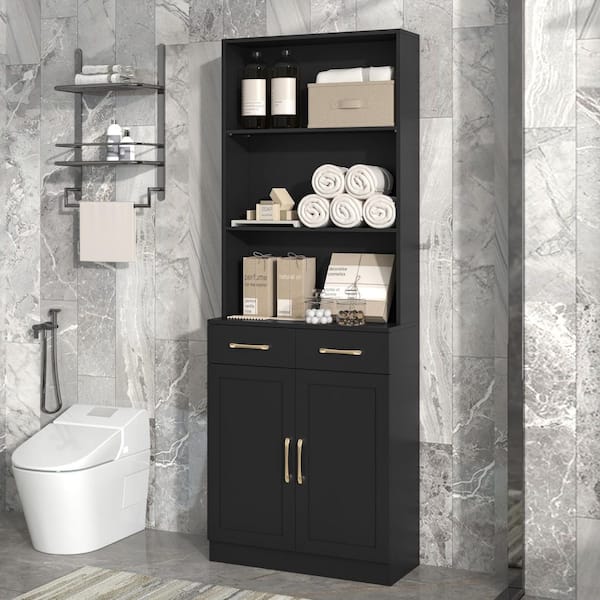 XUJMK 26 in. W x 11 in. D x 70 in. H Black Linen Cabinet, Bathroom Storage Cabinet with Door and Drawer, 3-layer Open Shelf