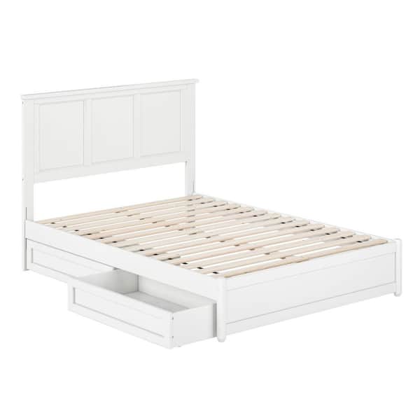 Felicity White Solid Wood Frame Full Platform Bed with Panel Footboard and Storage Drawers