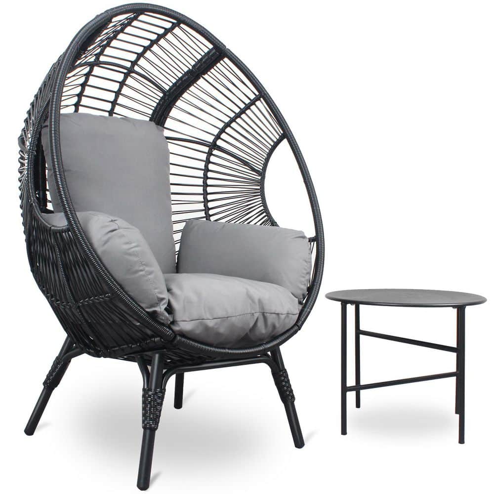 500 lbs. Black PE Wicker Outdoor Egg Chair Lounge Chair with Gray Cushion a