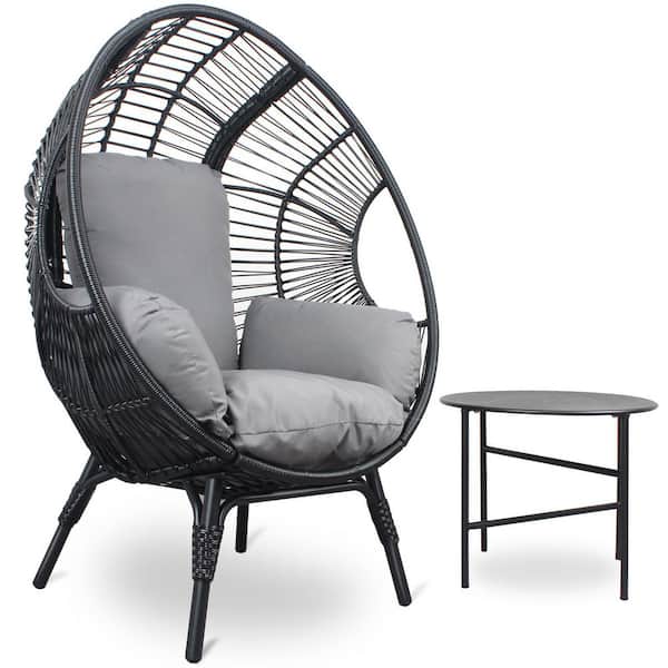 Unbranded 500 lbs. Black PE Wicker Outdoor Egg Chair Lounge Chair with Gray Cushion and Side Table