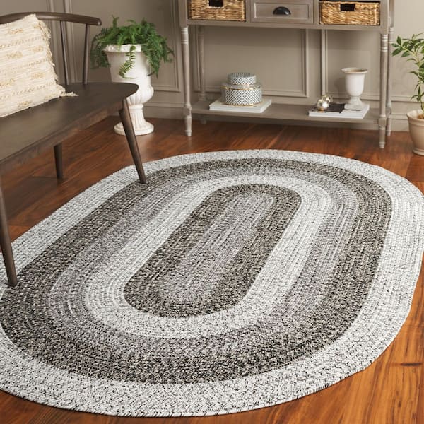 Braided Ivory/Black 8 ft. x 10 ft. Machine Washable Solid Striped Border Oval Area Rug