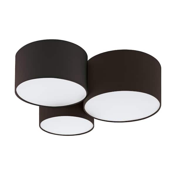 Eglo Pastore 2 24 in. W x 10 in. H 3-Light Black Flush Mount with Black Exterior and White Interior Fabric Drum Shades