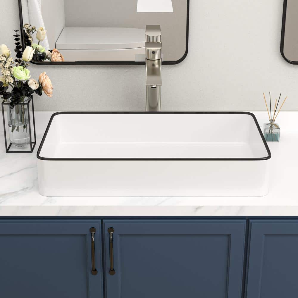 24 x 14 Inch White Ceramic Rectangular Vessel Sink with Black Rim