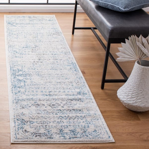 Tulum 2 ft. x 8 ft. Ivory/Teal Border Striped Distressed Runner Rug