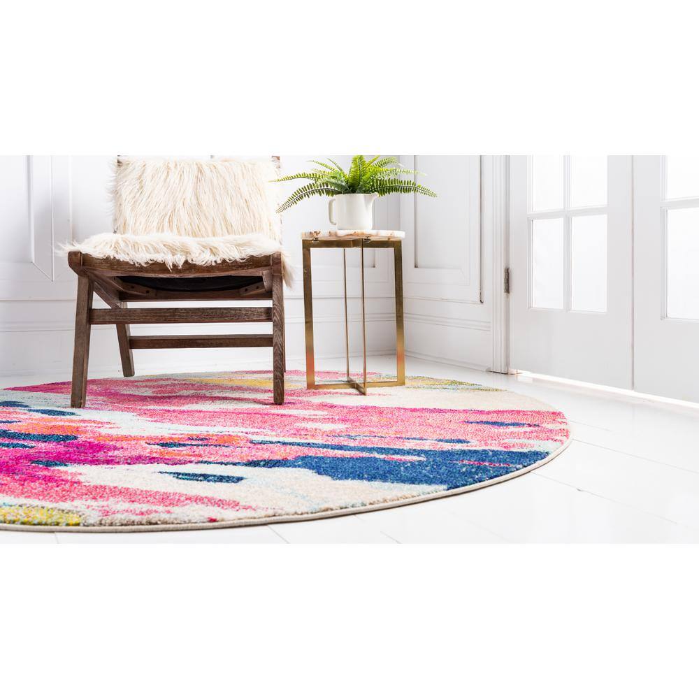 Vibrant Abstract Round Synthetic Rug in Pink & Blue, 6ft