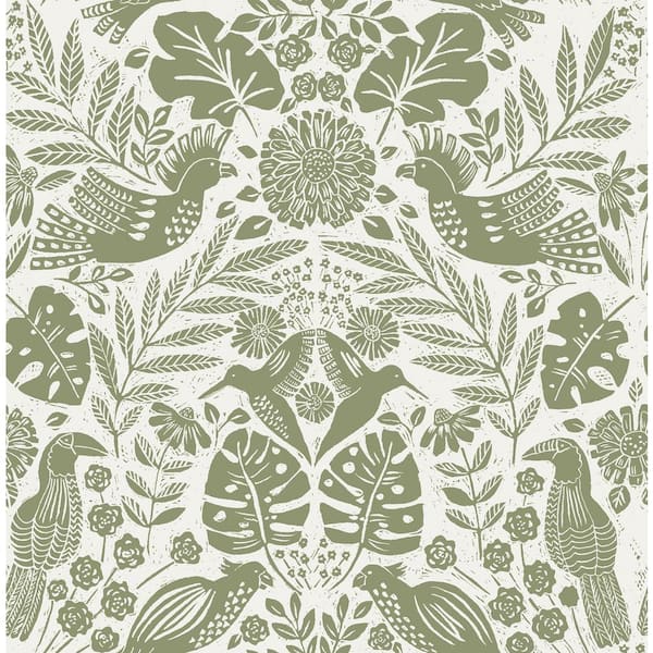 A-Street Prints Nestle Bird Block Print Green Nonpasted Non Woven Wallpaper Sample