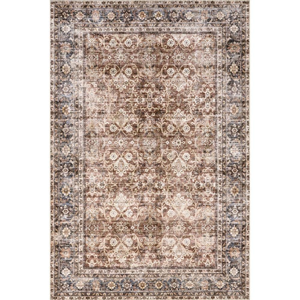 Freesia Brown and Blue Floral 8' x 10' Washable Area Rug