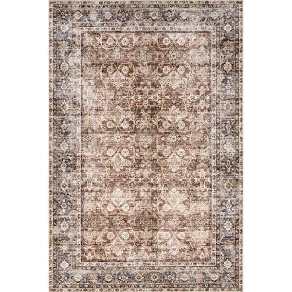 nuLOOM Freesia Faded Floral Spill-Proof Machine Washable Brown 9 ft. x 12 ft. Area Rug