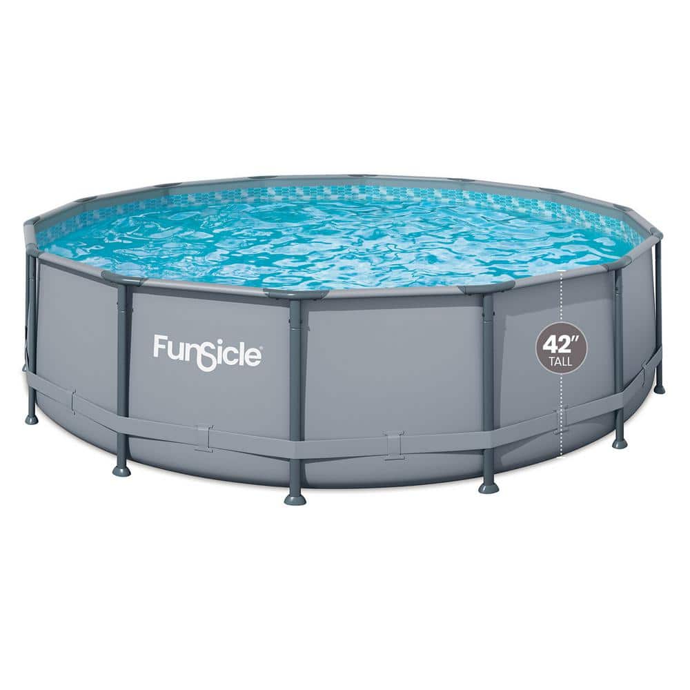 Gray 14ft Round Metal Frame Above Ground Pool with Filter Pump