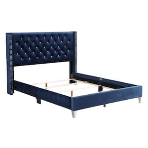 Julie Navy Blue Tufted Upholstered Low Profile King Panel Bed