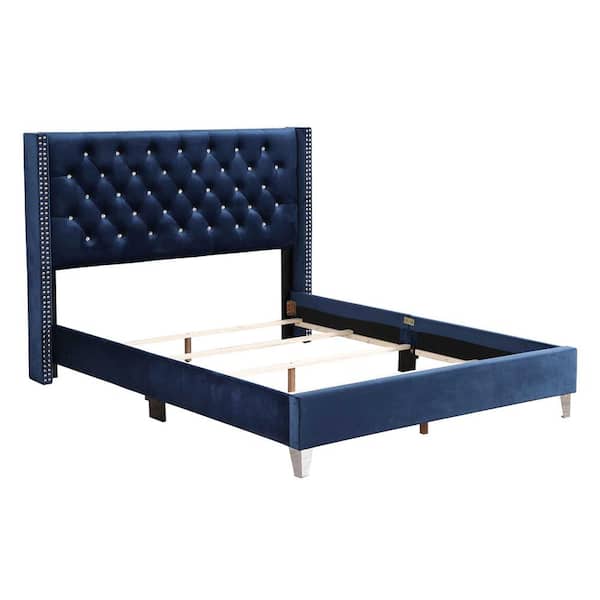 AndMakers Julie Navy Blue Tufted Upholstered Low Profile King Panel Bed