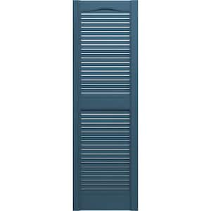 14-1/2 in. x 55 in. Lifetime Vinyl Standard Cathedral Top Center Mullion Open Louvered Shutters Pair Classic Blue