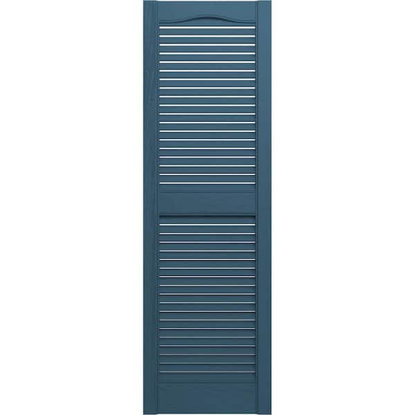 Ekena Millwork 14-1/2 in. x 55 in. Lifetime Vinyl Standard Cathedral Top Center Mullion Open Louvered Shutters Pair Classic Blue