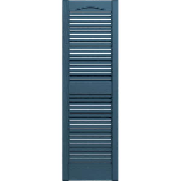 Ekena Millwork 14-1/2 in. x 64 in. Lifetime Vinyl Standard Cathedral Top Center Mullion Open Louvered Shutters Pair Classic Blue