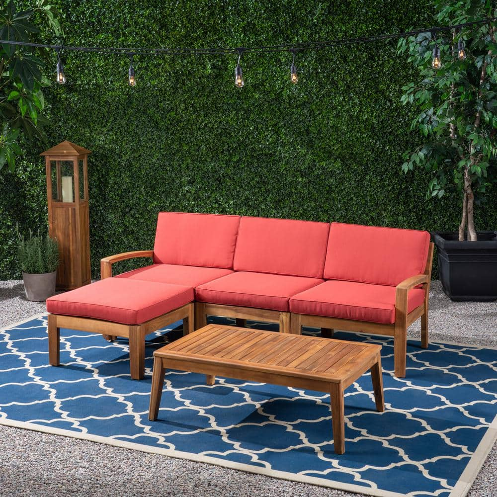 Grenada Teak Brown 5-Piece Acacia Wood Outdoor Patio Conversation Sectional Seating Set with Red Cushions -  Noble House, 53959