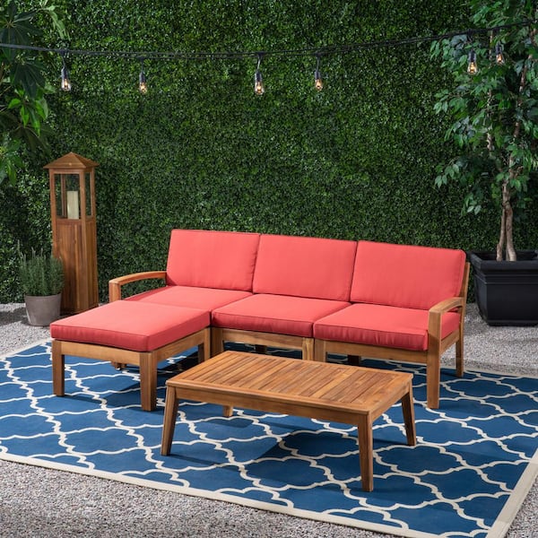 Noble House Grenada Teak Brown 5-Piece Acacia Wood Outdoor Patio Conversation Sectional Seating Set with Red Cushions