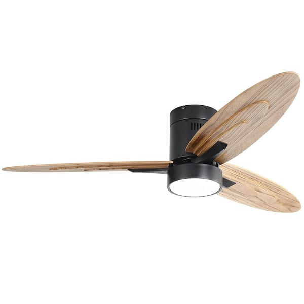 Unbranded 56 in. Indoor Flush Mount Ceiling Fan with Light and Remote Control, 3 Solid Wood Blades Reversible DC Motor, Black