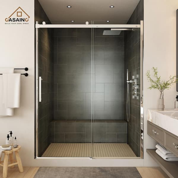 CASAINC 60 in. W x 76 in. H Frameless Single Sliding Shower Door in Chromed with Clear Shower Glass