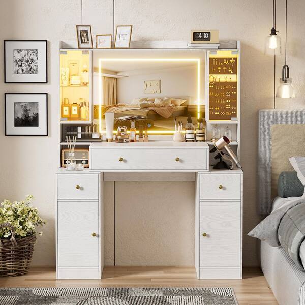 Esmlada Modern Vanity With Mirror And Lights, Makeup Table Set With Storage Bench Power Outlet For Bedroom Brown - View #9