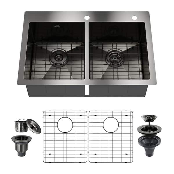 CASAINC Handmade All in.-One Topmount Stainless Steel 33 in. x 22 in. Double Bowl Kitchen Sink