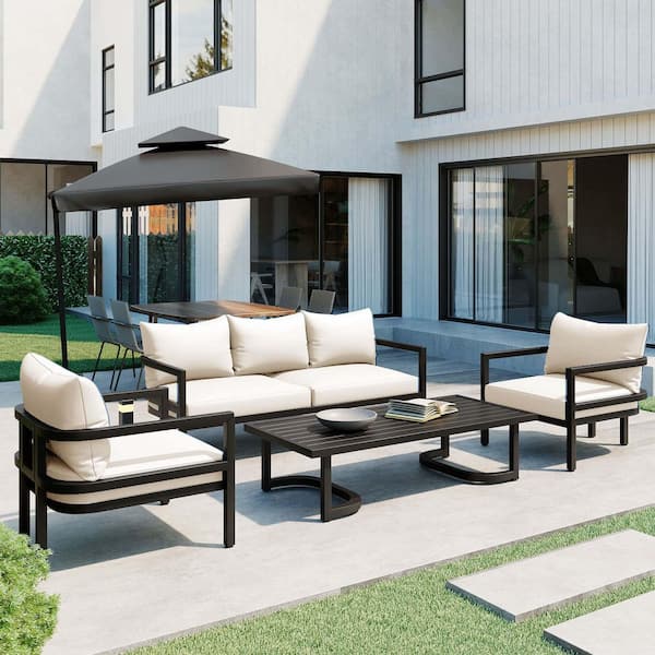 4-Pieces Metal Outdoor Sectional Sofa Set, Conversation Set, Waterproof Seating Group with Beige Cushions, Coffee Table