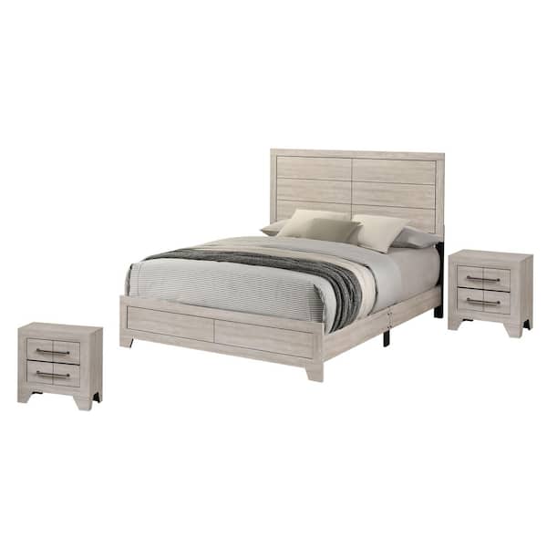 Dolce 3-Piece Rustic Grey Oak Color Wood Queen Bedroom Set With 2 Nightstands