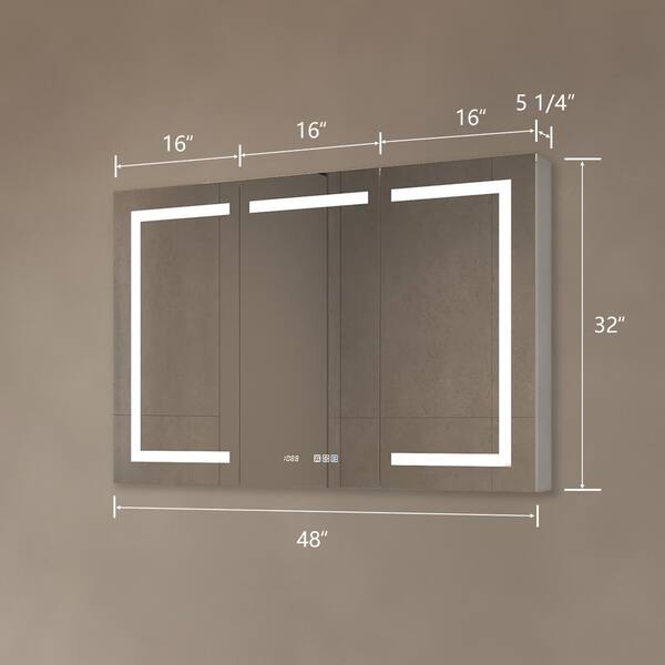 WELLFOR W12 48-in x 30-in Lighted LED Fog Free Surface/Recessed Mount Anodized Black Aluminum Mirrored Soft Close Medicine Cabinet with Outlet