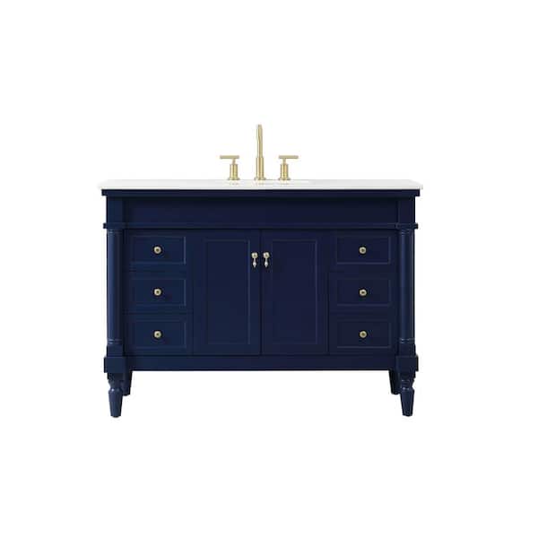 Unbranded Timeless Home 48 in. W Single Bath Vanity in Blue with Marble Vanity Top in White and Brown Vein with White Basin