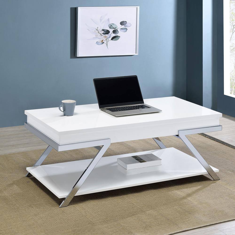 White High Gloss Rectangular Lift-Top Coffee Table with Storage