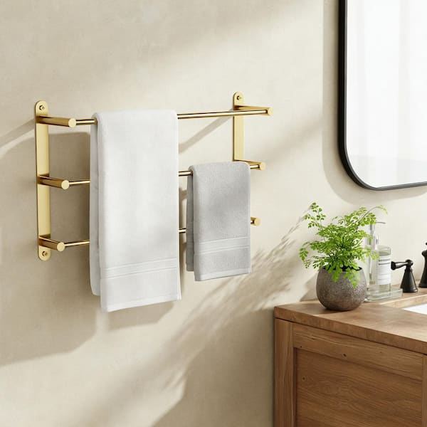 24 in. Stainless Steel Wall Mounted Towel Rack with 3-Bar Towel Holders in Gold