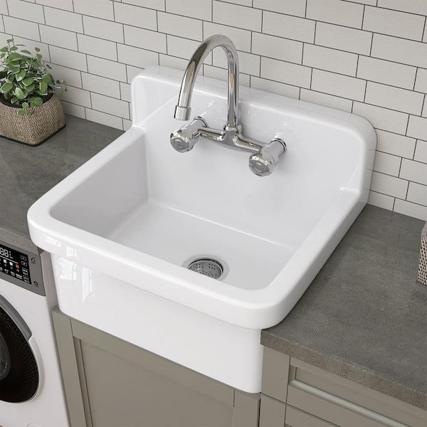 Getpro 24 in. W x 20 in. D Wall Mount Laundry/Utility Sink in White Floating Farmhouse Ceramic Sink with Bracket and Strainer