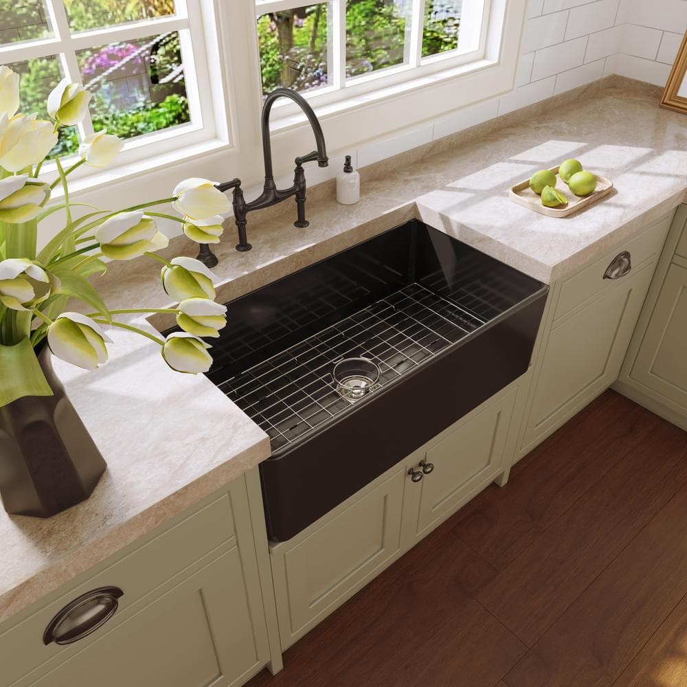 Matte Black Fireclay Farmhouse Kitchen Sink with Grid and Strainer