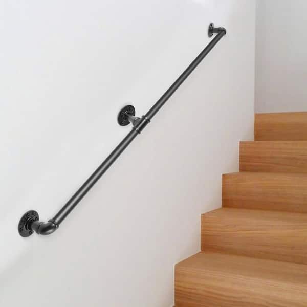 Pipe Stair Handrail, 76.9 in. H x 3.74 in. W, Black, , Steel, Stair Railing Kit, 6FT Staircase Handrail, 440 lbs.