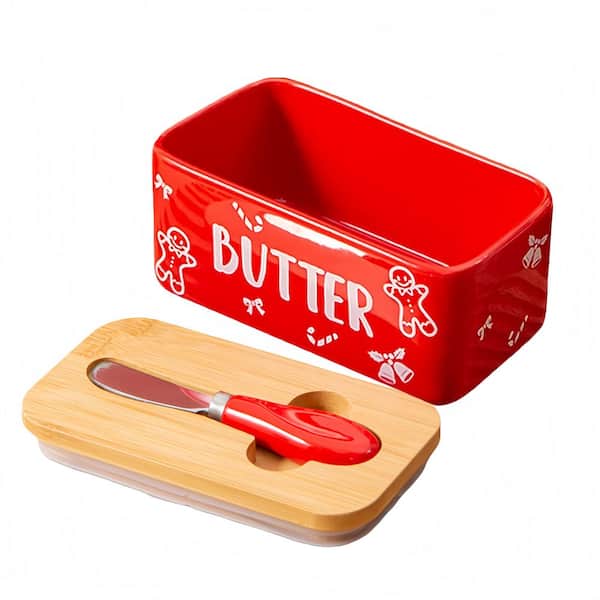 Christmas Red 33.5 oz. Ceramic Butter Dish with Bamboo Lid and Knife Large Covered Butter Container for Refrigerator